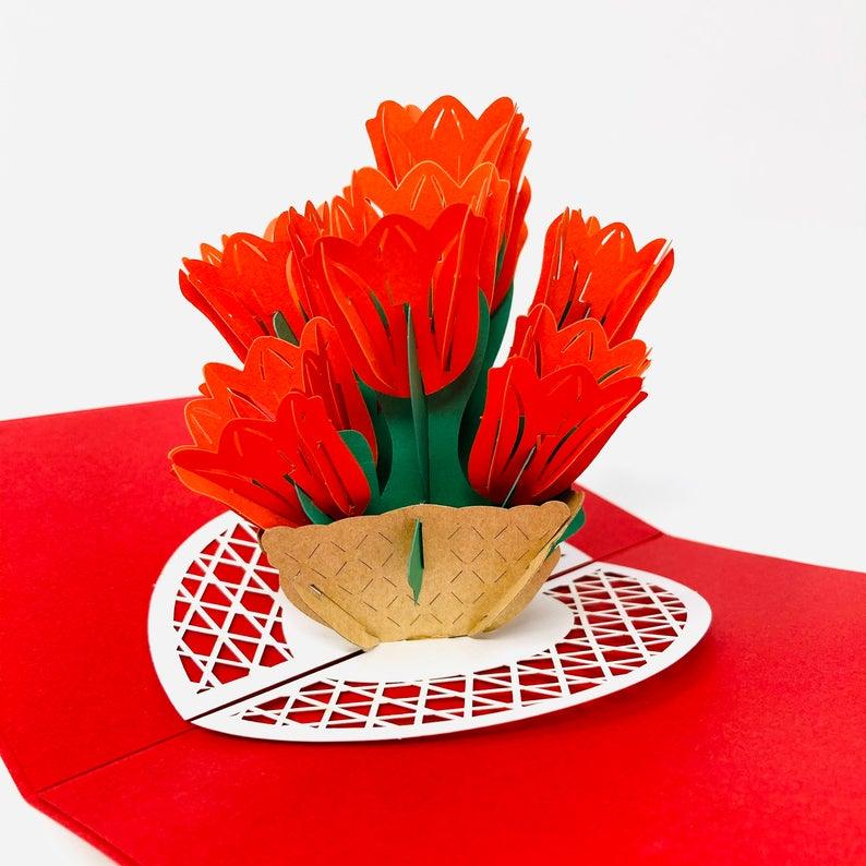 Bright Red Tulip Flowers 3D Handmade Pop Up Card - Lasercutwraps Shop