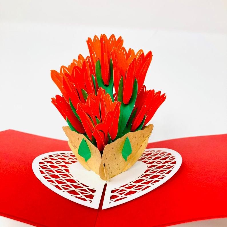 Bright Red Tulip Flowers 3D Handmade Pop Up Card - Lasercutwraps Shop