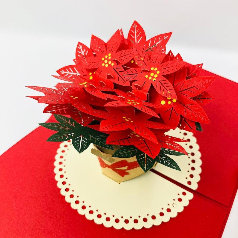 Red And Green Poinsettia Flowers 3D Handmade Pop Up Card - Lasercutwraps Shop