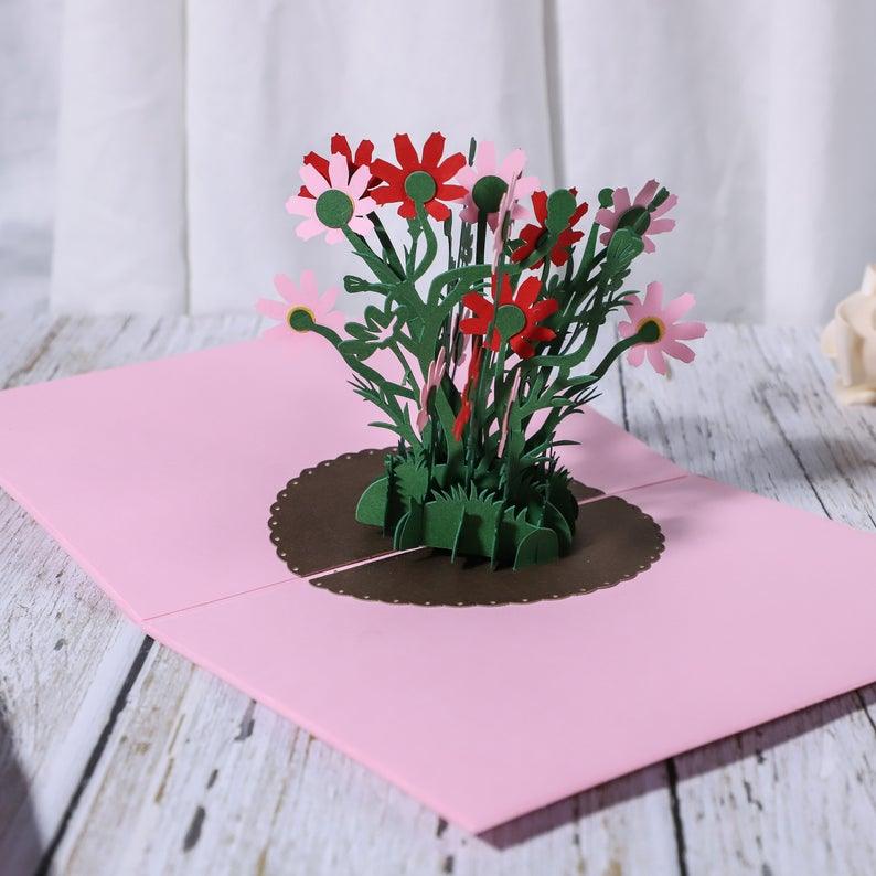 Wild Pink & Red Daisies 3D Handmade Pop Up Card - Lasercutwraps Shop