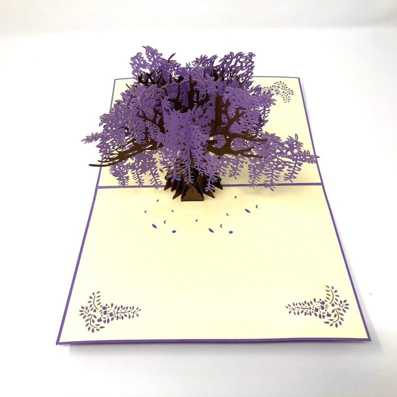 Wide Blossoming Purple Japanese Wisteria Tree Pop Up Card - Lasercutwraps Shop