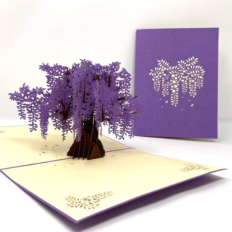 Wide Blossoming Purple Japanese Wisteria Tree Pop Up Card - Lasercutwraps Shop