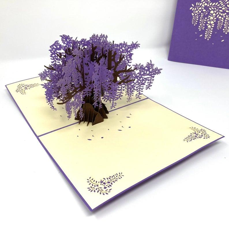 Wide Blossoming Purple Japanese Wisteria Tree Pop Up Card - Lasercutwraps Shop