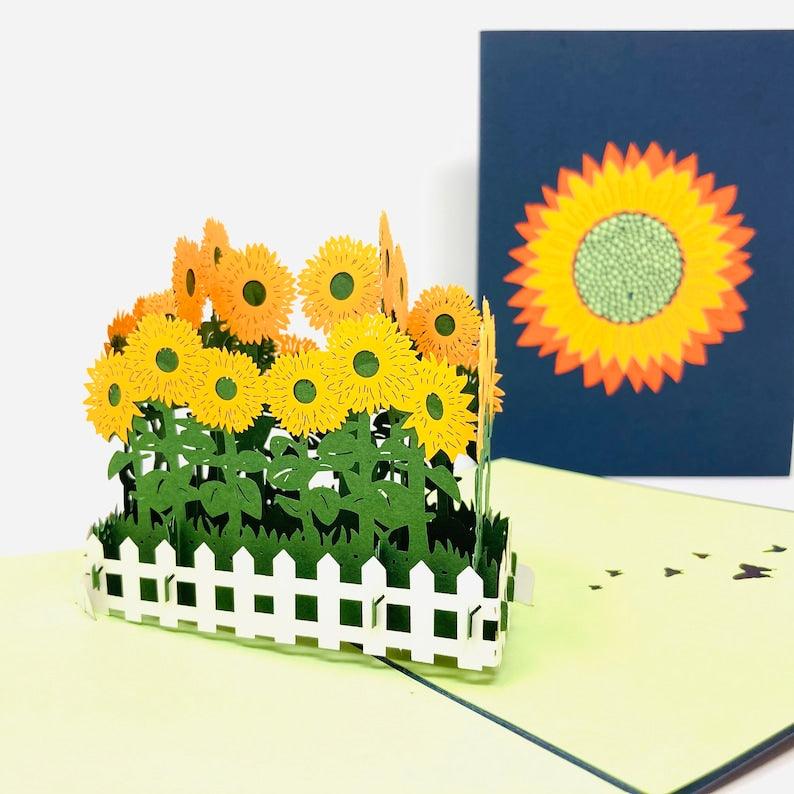 Sunflowers In White Picket Fence 3D Handmade Pop Up Card - Lasercutwraps Shop