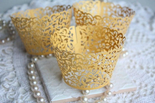 Gold Lace Filigree Cupcake Wrappers, Shimmer Gold Laser Cut Elegant Lace Cupcake Liners - Lasercutwraps Shop