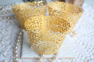 Gold Lace Filigree Cupcake Wrappers, Shimmer Gold Laser Cut Elegant Lace Cupcake Liners - Lasercutwraps Shop