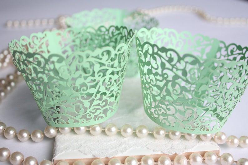Mint Cupcake Wrappers for Mint Wedding, Mint Green Lace Filigree Cupcake Liners - Lasercutwraps Shop