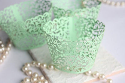 Mint Cupcake Wrappers for Mint Wedding, Mint Green Lace Filigree Cupcake Liners - Lasercutwraps Shop