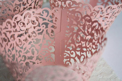 Pink Cupcake Wrappers Shimmer Blush Pink Lace Filigree Cupcake Liners, Laser Cut Wrapper/Liner - Lasercutwraps Shop