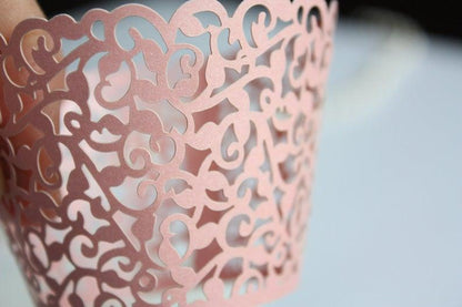 Pink Cupcake Wrappers Shimmer Blush Pink Lace Filigree Cupcake Liners, Laser Cut Wrapper/Liner - Lasercutwraps Shop