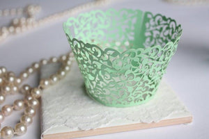 Mint Cupcake Wrappers for Mint Wedding, Mint Green Lace Filigree Cupcake Liners - Lasercutwraps Shop