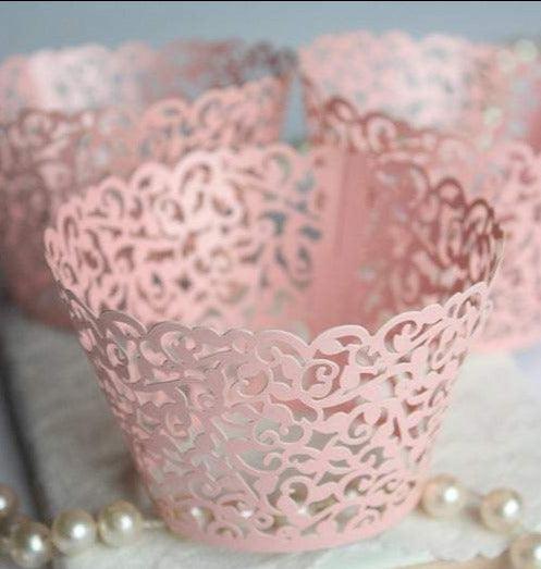 Pink Cupcake Wrappers Shimmer Blush Pink Lace Filigree Cupcake Liners, Laser Cut Wrapper/Liner - Lasercutwraps Shop