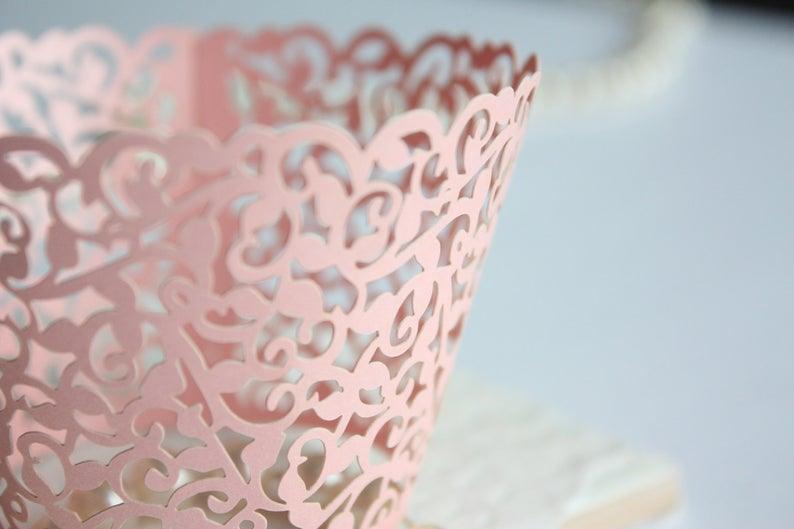 Pink Cupcake Wrappers Shimmer Blush Pink Lace Filigree Cupcake Liners, Laser Cut Wrapper/Liner - Lasercutwraps Shop