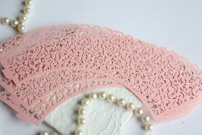 Pink Cupcake Wrappers Shimmer Blush Pink Lace Filigree Cupcake Liners, Laser Cut Wrapper/Liner - Lasercutwraps Shop