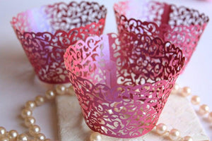Magenta Shimmer Lace Filigree Cupcake Wrappers, Pink/Purple Lace Cupcake Wrapper/Liners - Lasercutwraps Shop