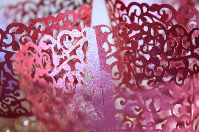 Magenta Shimmer Lace Filigree Cupcake Wrappers, Pink/Purple Lace Cupcake Wrapper/Liners - Lasercutwraps Shop
