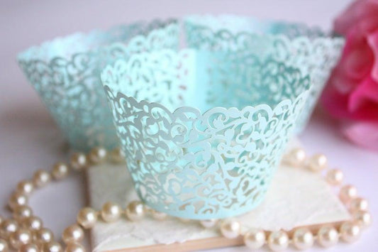 Light Blue Lace Filigree Cupcake Wrappers, Baby Blue Lace Cupcake Wrapper/Liner - Lasercutwraps Shop