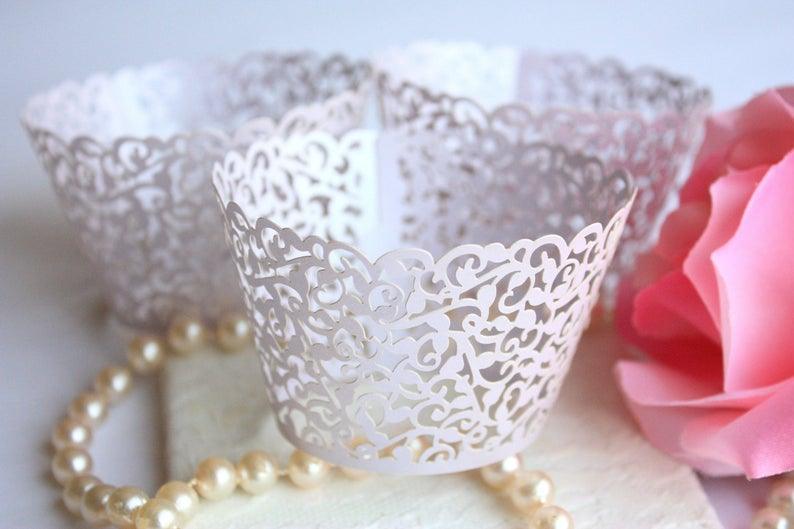 Lavender Lace Filigree Cupcake Wrappers, Light Purple Lilac Laser Cut Elegant Lace Cupcake Liners - Lasercutwraps Shop