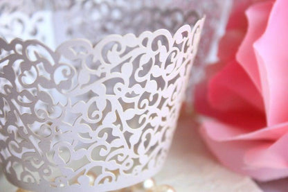 Lavender Lace Filigree Cupcake Wrappers, Light Purple Lilac Laser Cut Elegant Lace Cupcake Liners - Lasercutwraps Shop