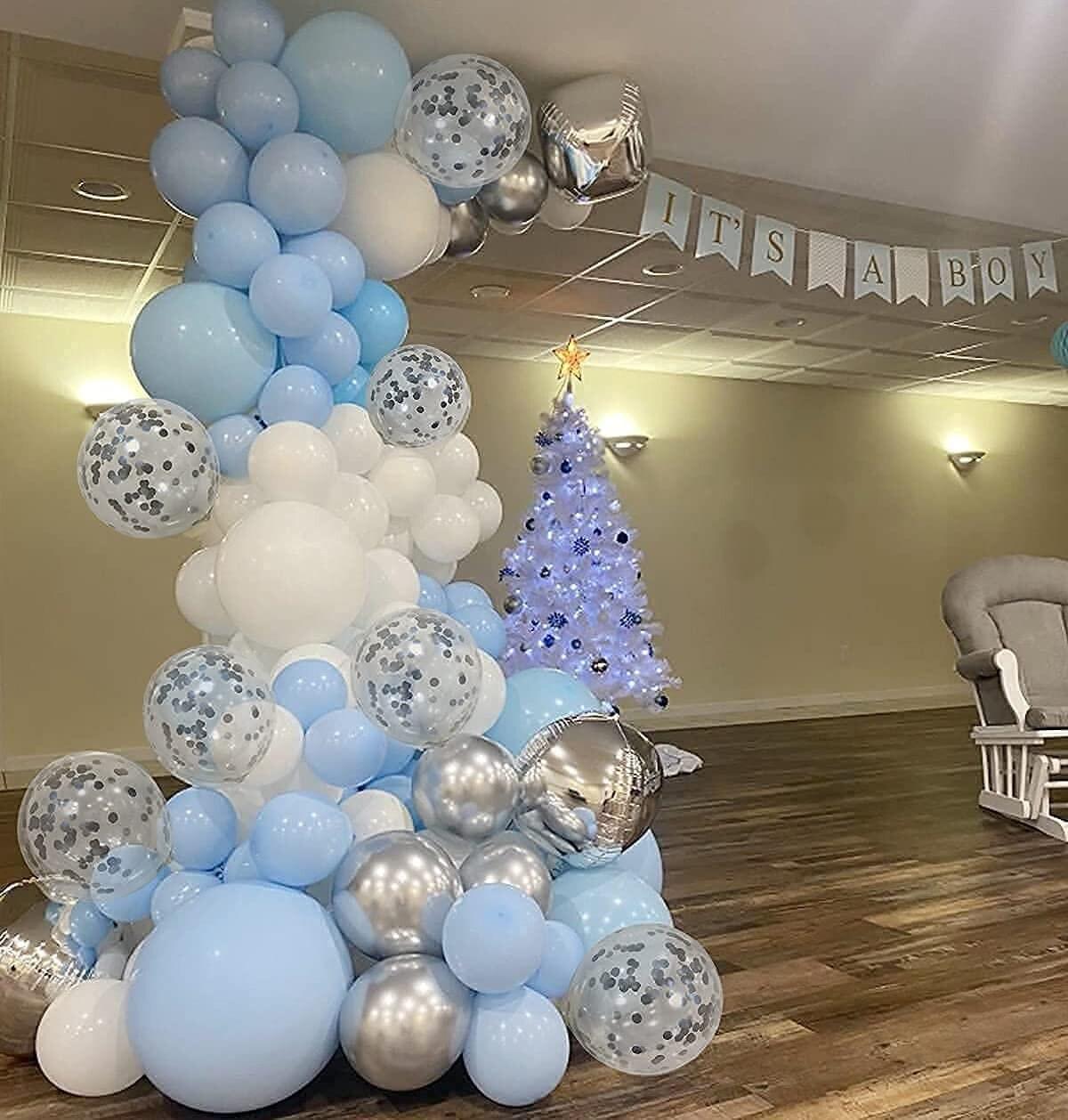 Blue Sliver Balloon Garland Arch Kit Premium DIY Blue White 4D Silver with Metallic Silver and Confetti Balloons for Baby Shower, Wedding - Lasercutwraps Shop