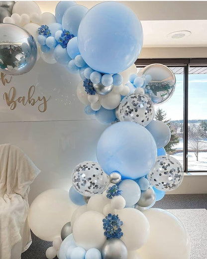 Blue Sliver Balloon Garland Arch Kit Premium DIY Blue White 4D Silver with Metallic Silver and Confetti Balloons for Baby Shower, Wedding - Lasercutwraps Shop