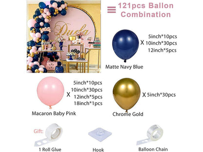 Matte Navy Blue Balloon Garland Kit 121Pcs Chrome Gold and Baby Pink Balloons for Baby Shower Birthday Wedding Party Shop Decoration - Lasercutwraps Shop