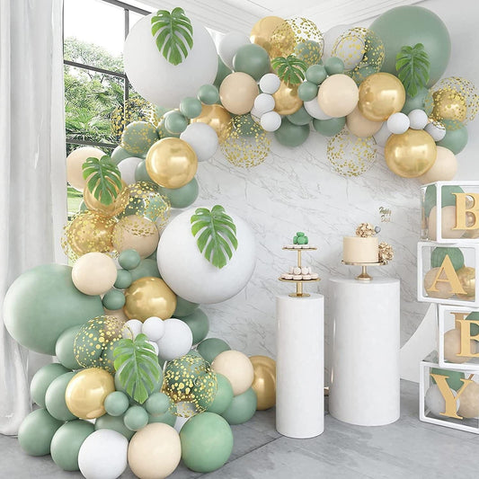 140 Pcs,Sage Green Balloon Garland ,Baby Shower Decorations Olive Green Gold Metallic White Gold Confetti Nude Balloon Arch for Birthday - Lasercutwraps Shop