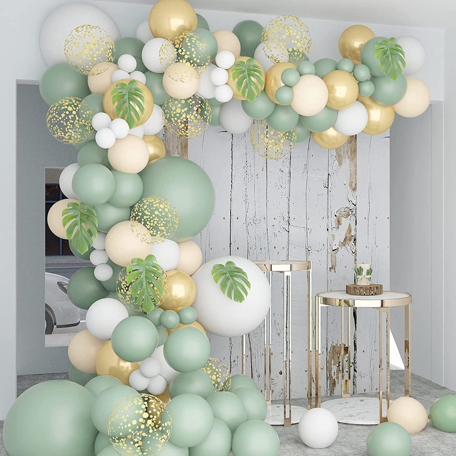 140 Pcs,Sage Green Balloon Garland ,Baby Shower Decorations Olive Green Gold Metallic White Gold Confetti Nude Balloon Arch for Birthday - Lasercutwraps Shop