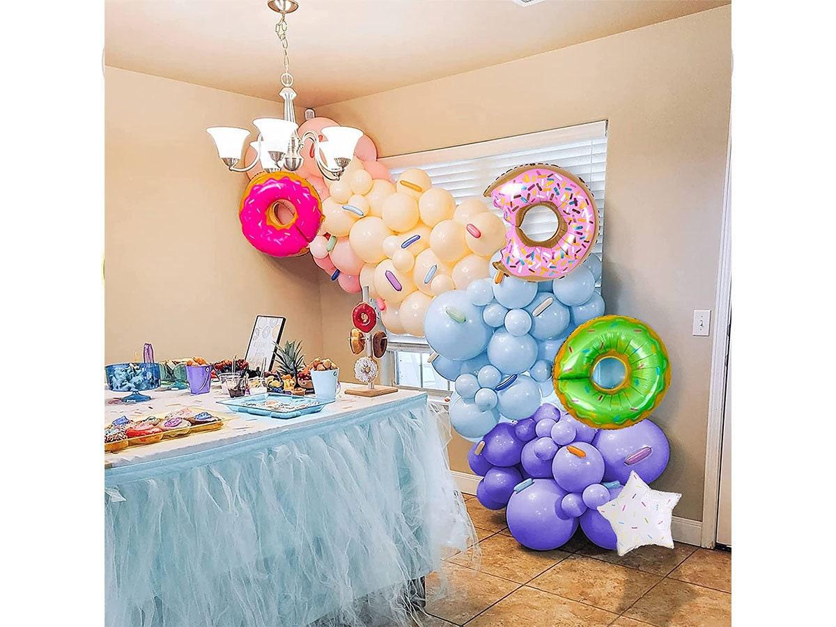 169pcs Macaron Donut Balloon Garland Arch Kit with Green, Purple, Yellow, Pink, Blue Pastel Balloons, Donuts Star Foil Balloons - Lasercutwraps Shop
