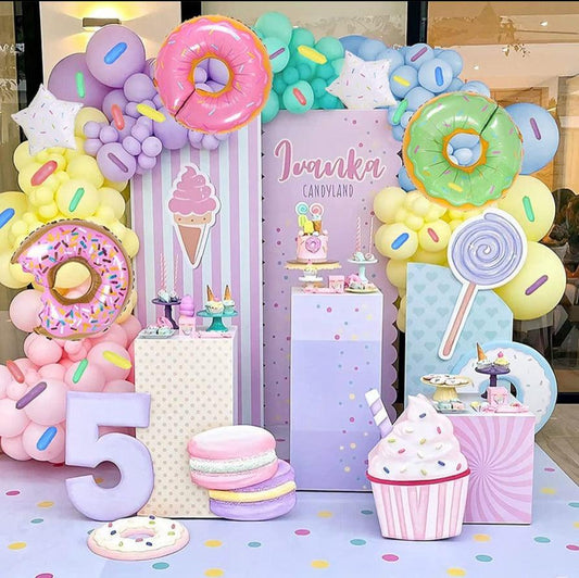 169pcs Macaron Donut Balloon Garland Arch Kit with Green, Purple, Yellow, Pink, Blue Pastel Balloons, Donuts Star Foil Balloons - Lasercutwraps Shop