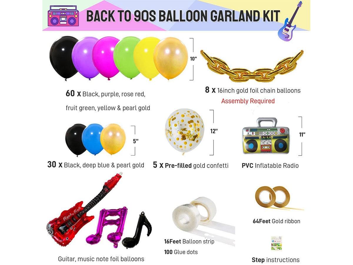 90S 80S Themed Balloon Garland Party Decorations Purple Rose Red Green Yellow Blue Black Gold Confetti Balloons Chain Radio Guitar Music - Lasercutwraps Shop