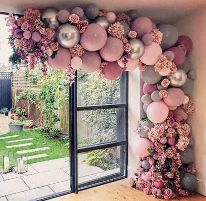 Doubled Baby Pink Gray Balloon Arch Garland Kit DIY Wedding Decoration Anniversary Engagement Decor Chrome Silver Balloon - Lasercutwraps Shop