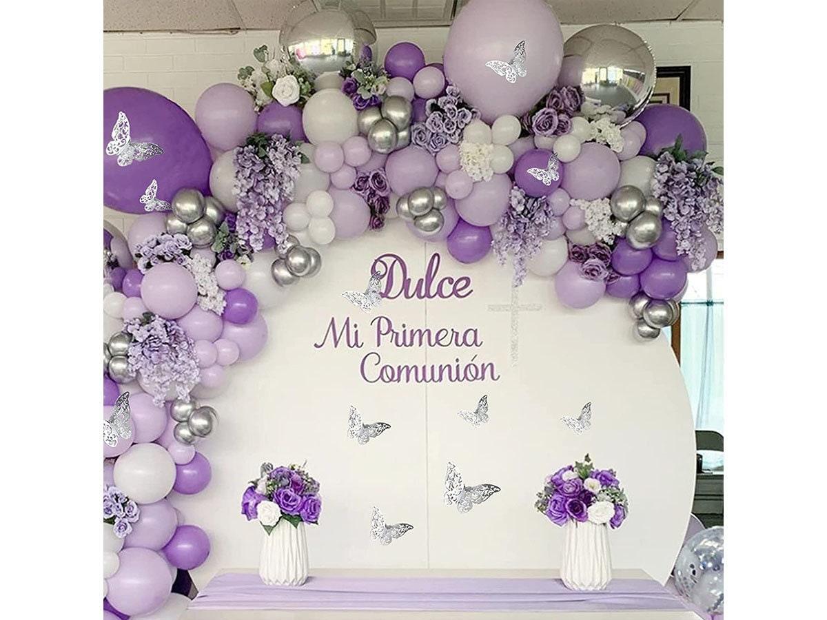 Purple Balloon Garland Kit 150 Pcs, Baby Shower Decorations for Girl with 12 Pcs Butterfly Stickers Lavender Chrome Silver Confetti Balloon - Lasercutwraps Shop