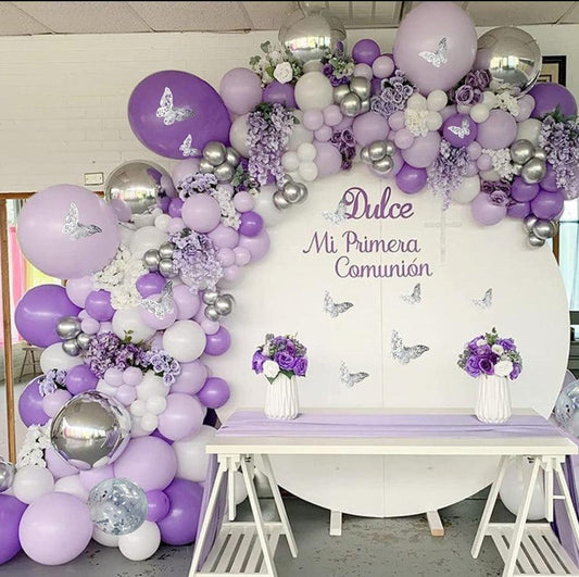 Purple Balloon Garland Kit 150 Pcs, Baby Shower Decorations for Girl with 12 Pcs Butterfly Stickers Lavender Chrome Silver Confetti Balloon - Lasercutwraps Shop
