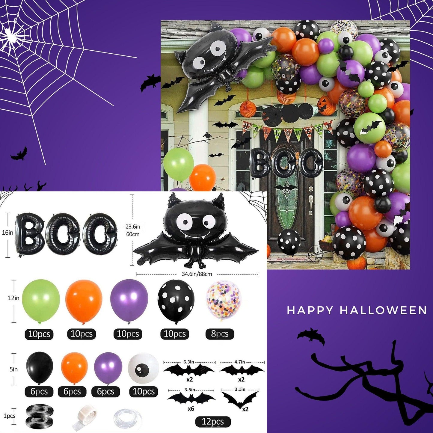 BOO Halloween Balloon Garland Arch, Balloon Arch for Spooky Halloween Party Decoration Confetti Black Orange Purple Green - Lasercutwraps Shop