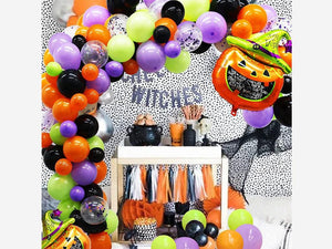 124 Pack Halloween Balloon Arch Garland Kit, Black Orange Green Purple Confetti Balloons and Mylar Pumpkin Balloons - Lasercutwraps Shop