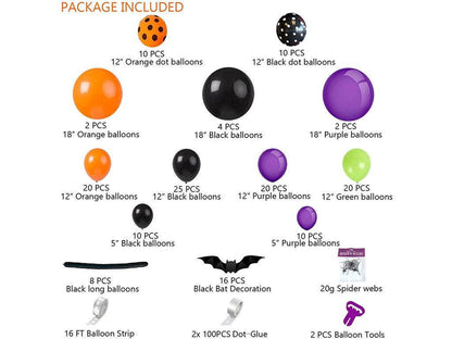 Halloween Balloon Garland Arch Kit with Black Orange Purple Balloons,Dot Balloon,Long Balloon 3D Bat Sticker,Spider Webs,Tool Set - Lasercutwraps Shop