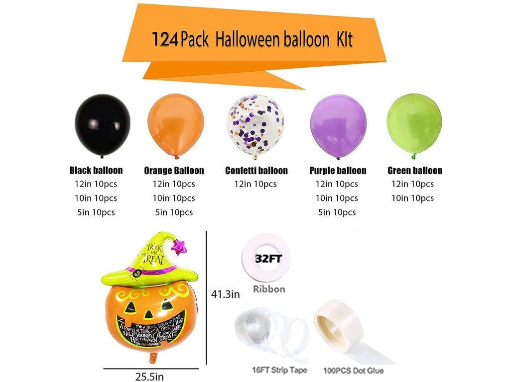 124 Pack Halloween Balloon Arch Garland Kit, Black Orange Green Purple Confetti Balloons and Mylar Pumpkin Balloons - Lasercutwraps Shop