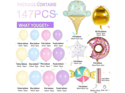 Pastel Donut Balloons Garland Kit 147pcs Including Donut with Sprinkles Ice Cream Gold Foil Balloon + Macaron 4 Colors Latex Balloons - Lasercutwraps Shop