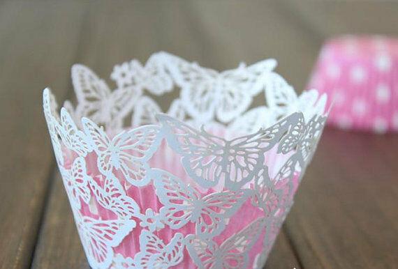 Ivory Butterfly cupcake wrappers. perfect for weddings, parties & christening. Vintage shabby chic style - Lasercutwraps Shop
