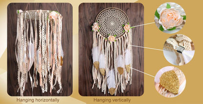 Boho Dream Catcher for Bedroom, Handmade White Gold Feather Flowers Dream Catchers for Girls Kids Nursery Bedroom Wall Decor - Lasercutwraps Shop